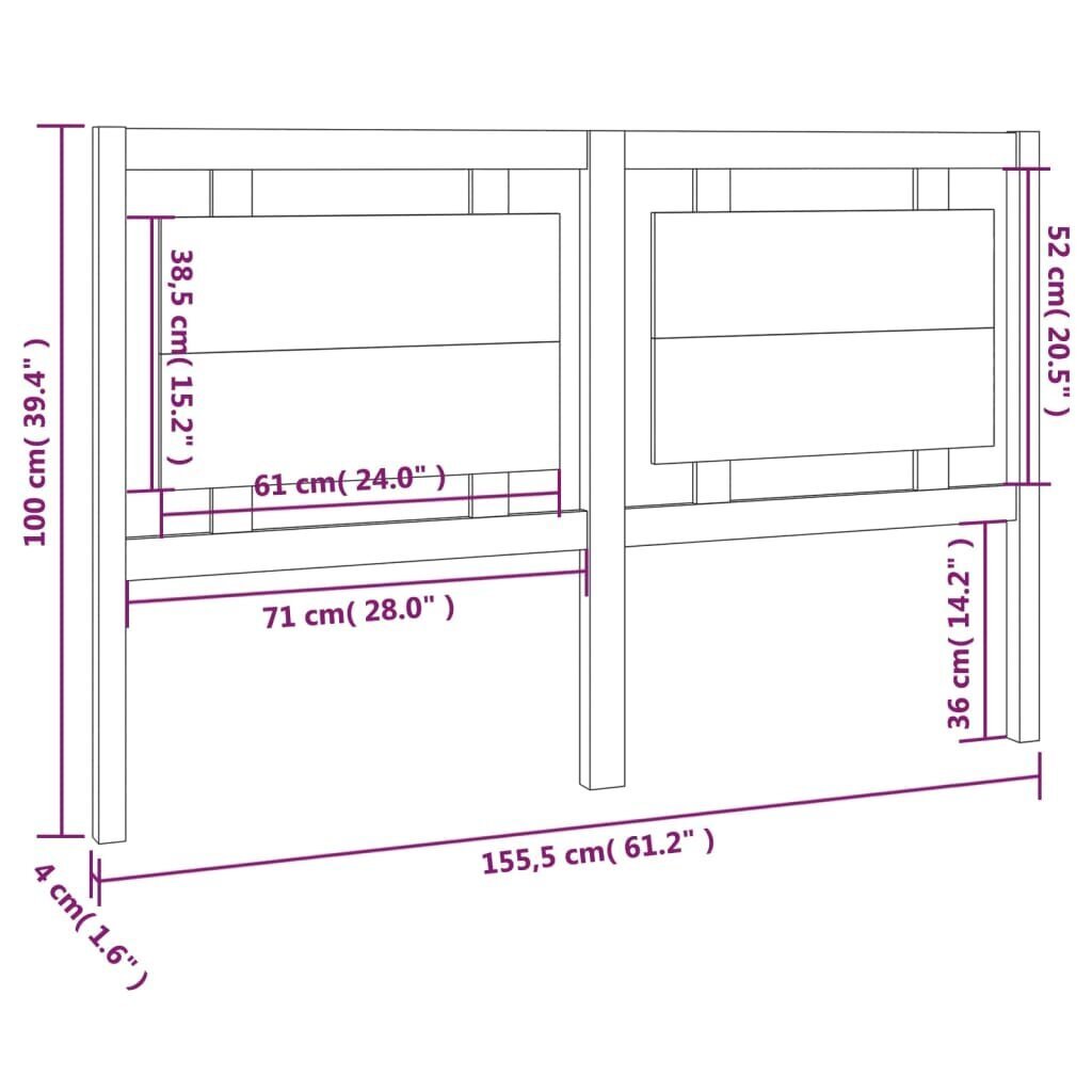 vidaXL Sängynpääty valkoinen 155,5x4x100 cm täysi mänty hinta ja tiedot | Sängyt | hobbyhall.fi