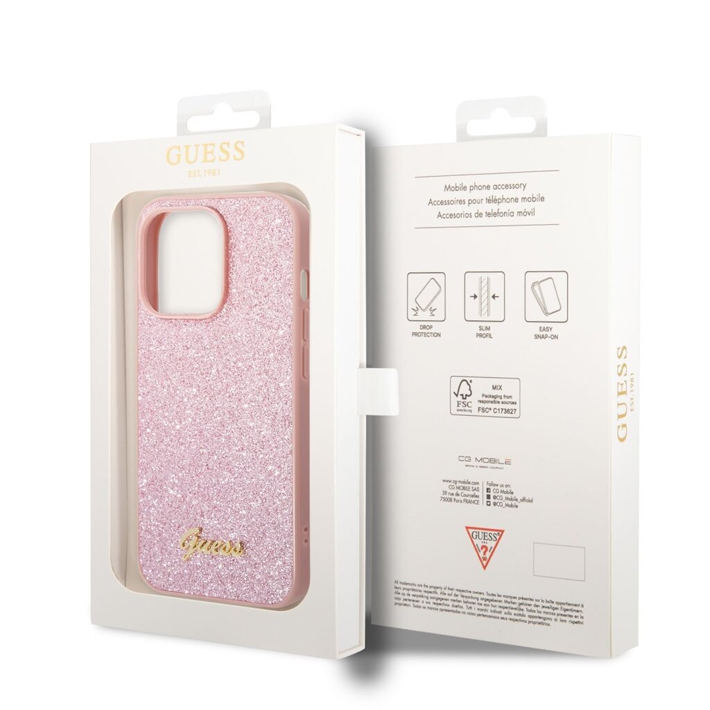 Guess PC/TPU Glitter Flakes Metal Logo Case iPhone 14 Pro Pinkille hinta ja tiedot | Puhelimen kuoret ja kotelot | hobbyhall.fi