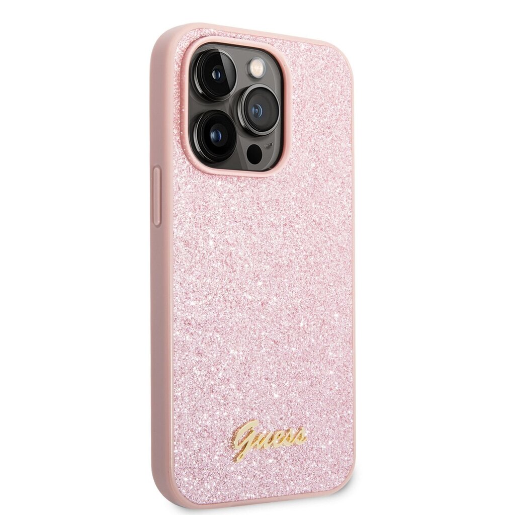 Guess PC/TPU Glitter Flakes Metal Logo Case iPhone 14 Pro Pinkille hinta ja tiedot | Puhelimen kuoret ja kotelot | hobbyhall.fi