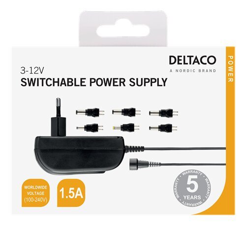 Deltaco 110-240V, 3-12V, 1.5A hinta ja tiedot | Kannettavien tietokoneiden laturit | hobbyhall.fi