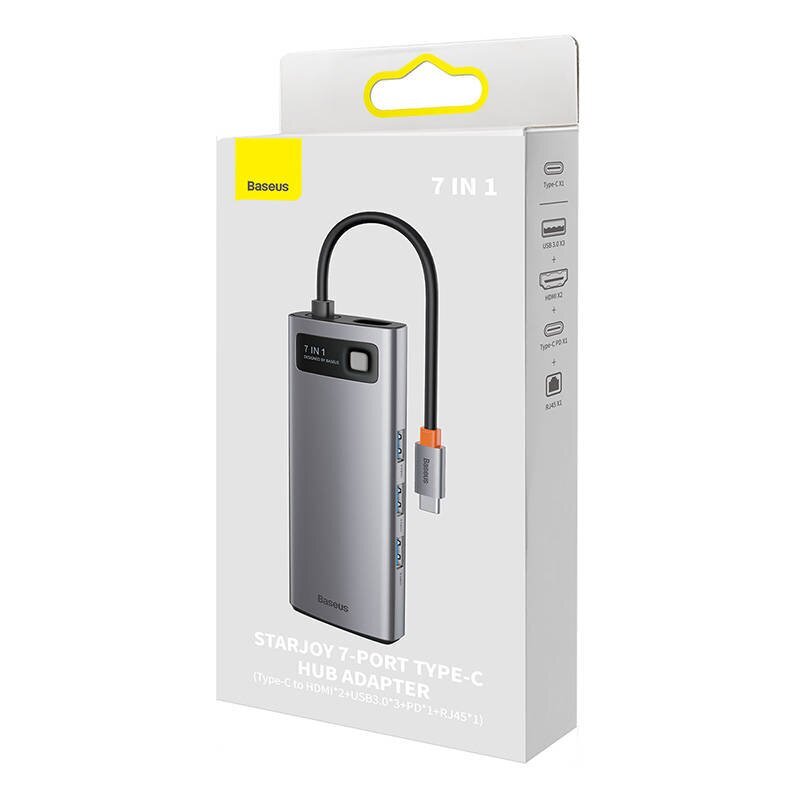 Hub 7in1 Baseus Metal Gleam Series, USB-C to 3x USB 3.0 + 2x HDMI + USB-C PD + Ethernet RJ45 hinta ja tiedot | Adapterit | hobbyhall.fi