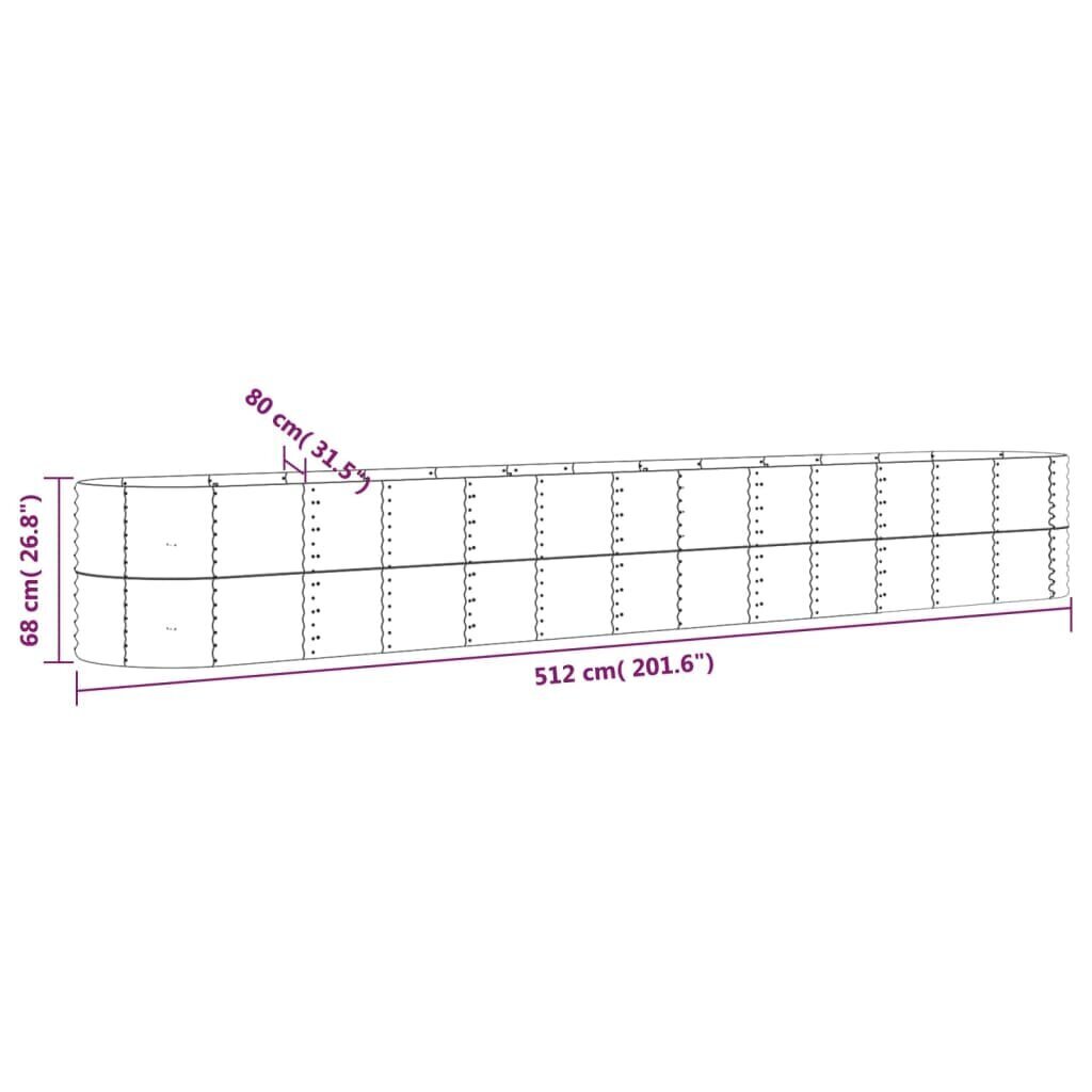 vidaXL Korotettu kukkalaatikko jauhemaalattu teräs 512x80x68 cm hopea hinta ja tiedot | Istutusruukut ja minikasvihuoneet | hobbyhall.fi