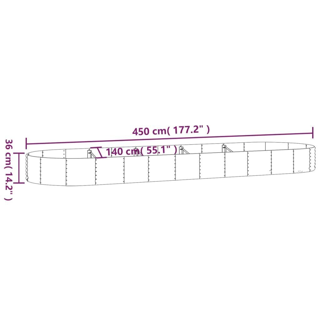 vidaXL Korotettu kukkalaatikko jauhemaalattu teräs 450x140x36 cm hopea hinta ja tiedot | Kukkalaatikot | hobbyhall.fi