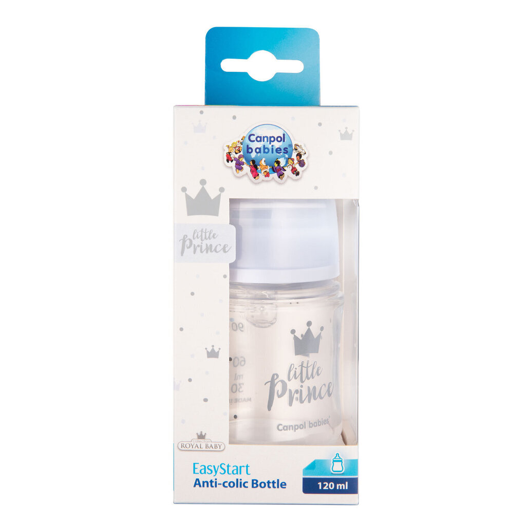 Leveäkaulainen pullo Canpol Babies, Anti-colic PP Easy Start Royal Baby, 120 ml, 35/233, sininen hinta ja tiedot | Tuttipullot ja tarvikkeet | hobbyhall.fi