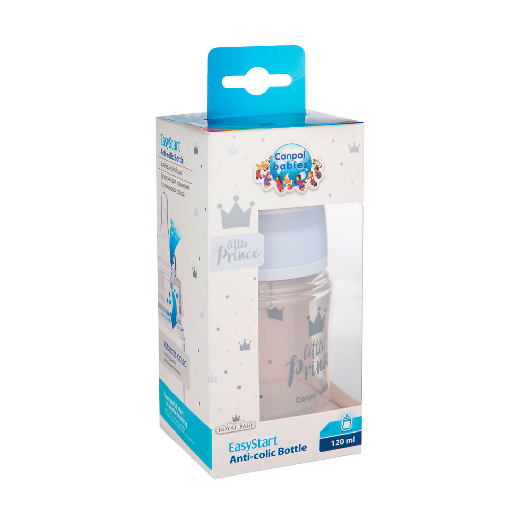 Leveäkaulainen pullo Canpol Babies, Anti-colic PP Easy Start Royal Baby, 120 ml, 35/233, sininen hinta ja tiedot | Tuttipullot ja tarvikkeet | hobbyhall.fi