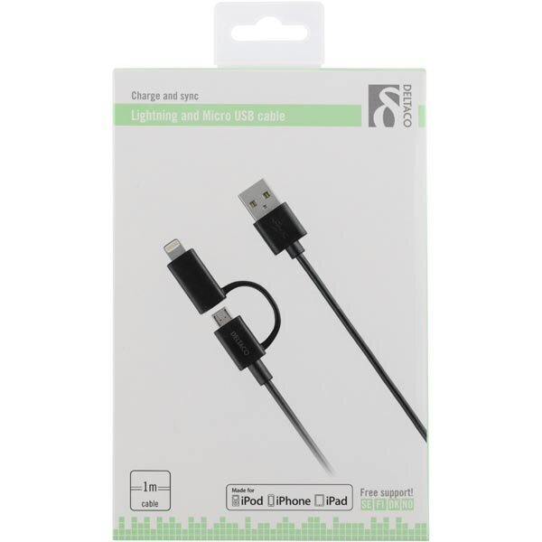 Deltaco IPLH-212, USB B, Lightning, Micro USB, 1m hinta ja tiedot | Puhelinkaapelit | hobbyhall.fi