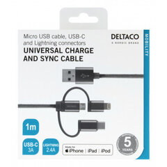 Deltaco IPLH-597, Micro USB, USB C, Lightning, 1m hinta ja tiedot | Puhelinkaapelit | hobbyhall.fi