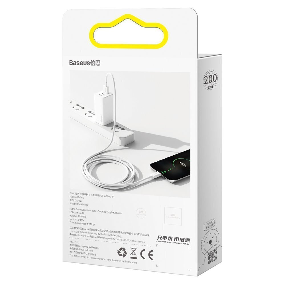 Baseus USB - micro USB, 2m BSU2825WHT hinta ja tiedot | Puhelinkaapelit | hobbyhall.fi