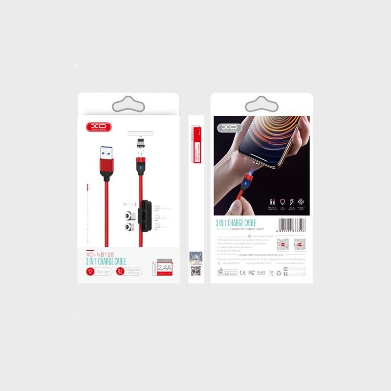 XO cable magnetic NB128 3in1 USB - Lightning + USB-C + microUSB 1,0 m 2,4A red hinta ja tiedot | Puhelinkaapelit | hobbyhall.fi