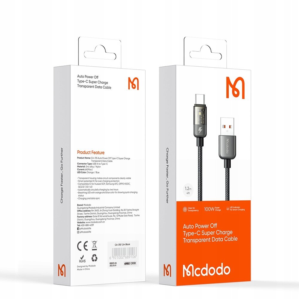 MCDODO PRISM SUPERFAST USB-C PD 100W 1.8M hinta ja tiedot | Puhelinkaapelit | hobbyhall.fi