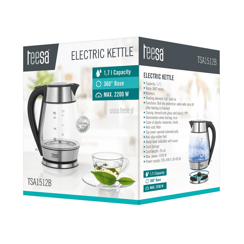 teesa vedenkeitin, lasi + inox, 2000 wattia, musta, 1,7 l hinta ja tiedot | Vedenkeittimet | hobbyhall.fi