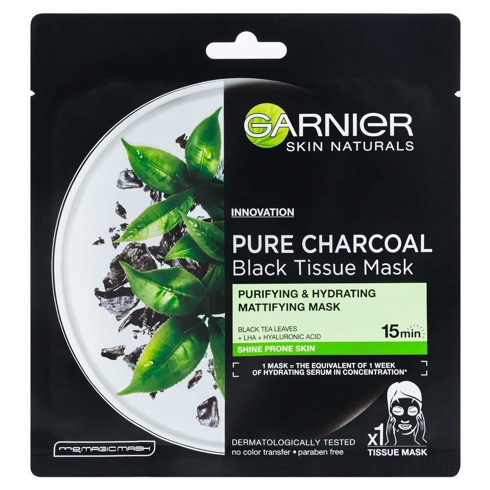 Kosteuttava ja puhdistava kasvonaamio Garnier Skin Naturals Pure Charcoal Black Tissue Mask 28 g hinta ja tiedot | Kasvonaamiot ja silmänalusaamiot | hobbyhall.fi