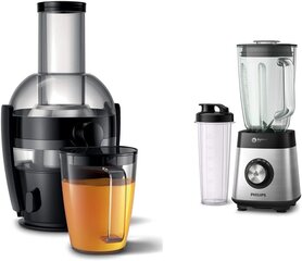 Philips Juicer HR1856/70 (800 W, 2 litran kapasiteetti, Quickclean -tekniikka, mukaan lukien mehuastia) ja tehosekoittimen HR3573/90, 27000 rpm, 2L lasisäiliö, juomapullo metalli/lasi hinta ja tiedot | Mehupuristimet ja mehulingot | hobbyhall.fi