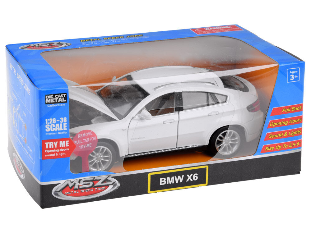 Metalliauto BMW X6 ääni- ja valoefekteillä, valkoinen hinta ja tiedot | Poikien lelut | hobbyhall.fi