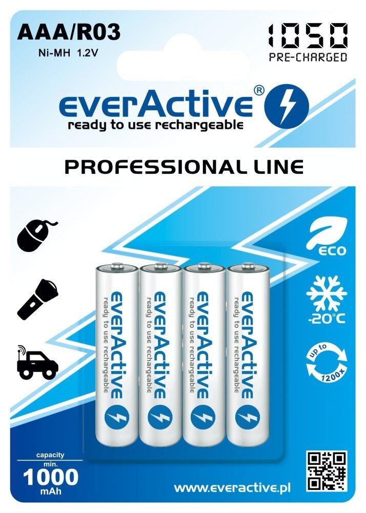 everActive Professional Käyttövalmis 1050mAh AAA -paristo, 4 kpl hinta ja tiedot | Paristot | hobbyhall.fi