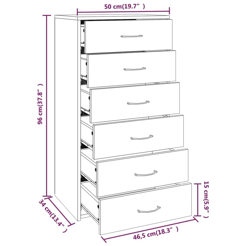 vidaXL Senkki 6 laatikolla harmaa Sonoma 50x34x96 cm tekninen puu hinta ja tiedot | Olohuoneen kaapit ja lipastot | hobbyhall.fi