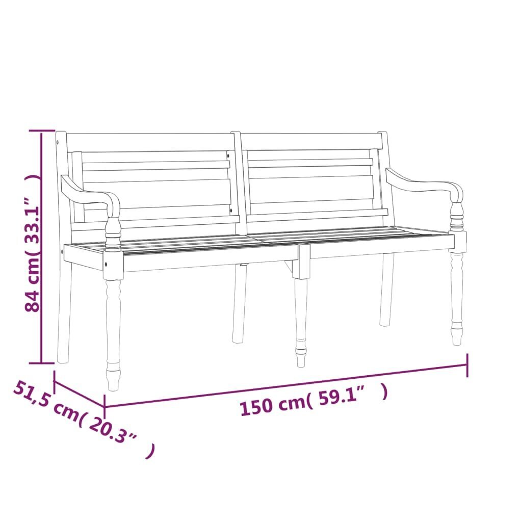 vidaXL Batavia-penkki vihreä tyyny 150 cm täysi tiikki hinta ja tiedot | Puutarhapenkit | hobbyhall.fi