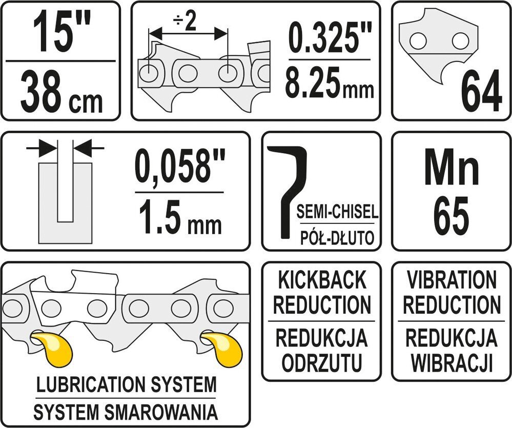 Moottorisahan ketju 15/38cm 1,3mm YT-84941 hinta ja tiedot | Käsityökalut | hobbyhall.fi