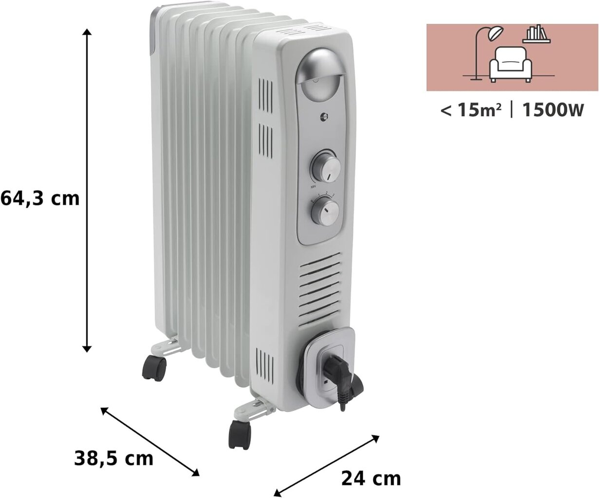 Sähköinen öljyjäähdytin EQUATION, 1500 W, 15 m², 3 tehotasoa, IP20 hinta ja tiedot | Lämmittimet | hobbyhall.fi