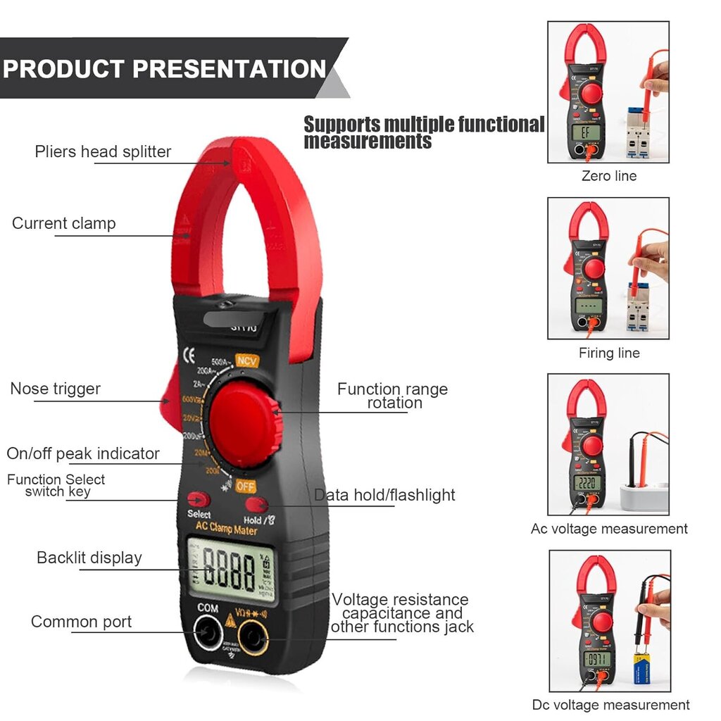 Leikurvo Clamp Ammeter, 6000 counts, 500 A AC/DC, 30 mm maksimi aukko hinta ja tiedot | Käsityökalut | hobbyhall.fi