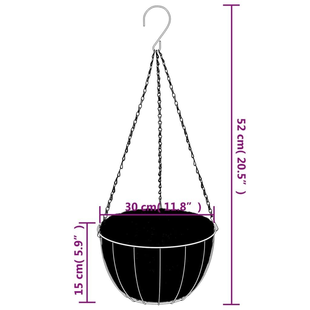 vidaXL Riippuvat kukkaruukut 4 kpl kookosvuori musta Ø 30x52 cm teräs hinta ja tiedot | Kukkaruukut | hobbyhall.fi