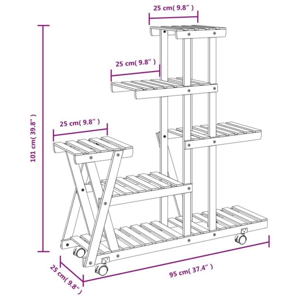 vidaXL Kukkateline pyörillä 95x25x101 cm täysi kuusi hinta ja tiedot | Kukkatelineet ja kukkapöydät | hobbyhall.fi