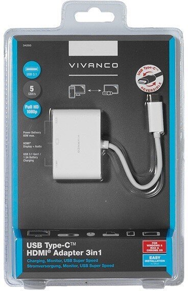 Vivanco adapteri USB-C - HDMI 3in1, valkoinen hinta ja tiedot | Adapterit | hobbyhall.fi