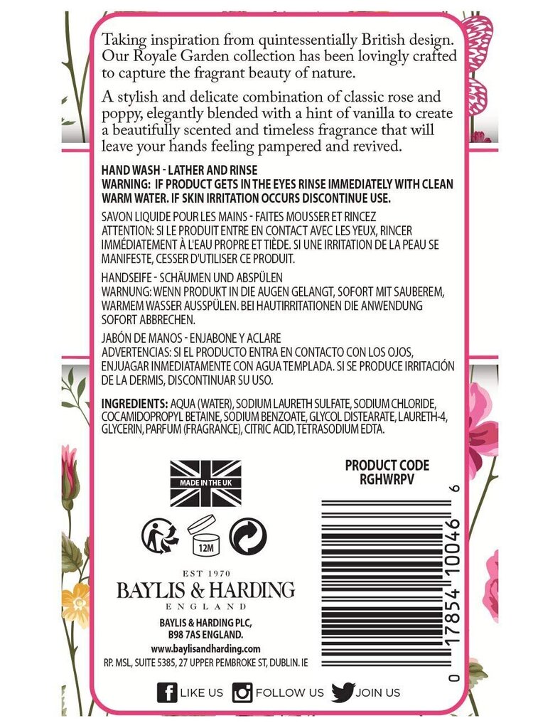 Baylis&Harding Royale Garden Rose & Vanilla -nestesaippua, 500 ml hinta ja tiedot | Saippuat | hobbyhall.fi
