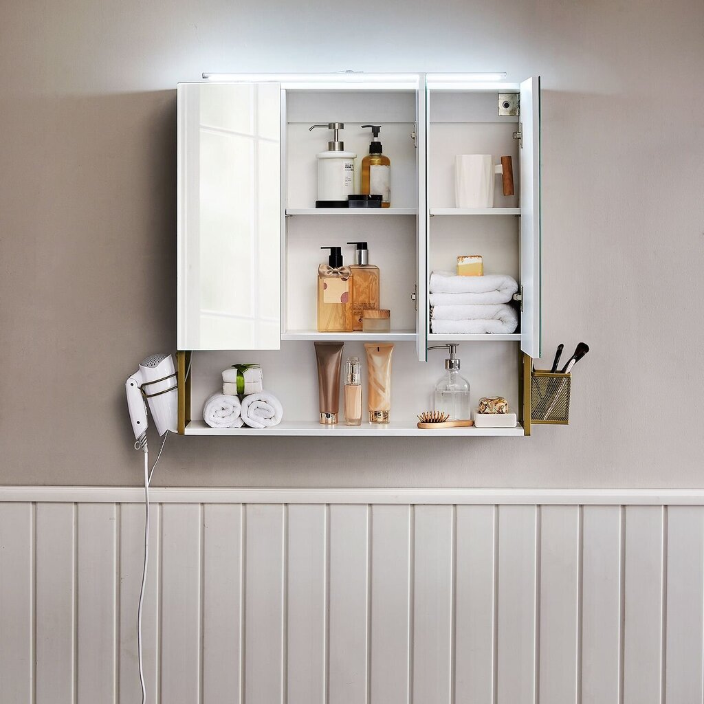 Peilikaappi LED-valolla Vasagle valkoinen, kulta hinta ja tiedot | Kylpyhuonekaapit | hobbyhall.fi