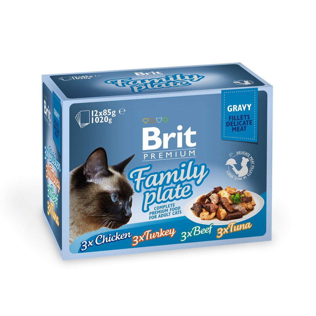 Brit Premium Cat Family lihalla ja kalalla, 12x85 g hinta ja tiedot | Kissanruoka | hobbyhall.fi