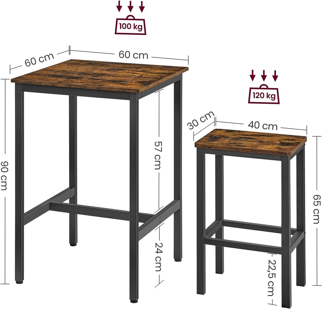 Baaripöytä ja tuolit Vasagale LBT017B01, ruskea musta hinta ja tiedot | Ruokapöydän tuolit | hobbyhall.fi