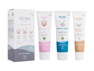 Setti Kii-Baa Organic All You Need: rauhoittava vartalovoide Sudo Care, 50 g + suojaava vartalovoide B5PA Care, 50 g + kosteuttava vartalovoide Lanolin Care, 50 g hinta ja tiedot | Lasten ja äitiysajan kosmetiikka | hobbyhall.fi