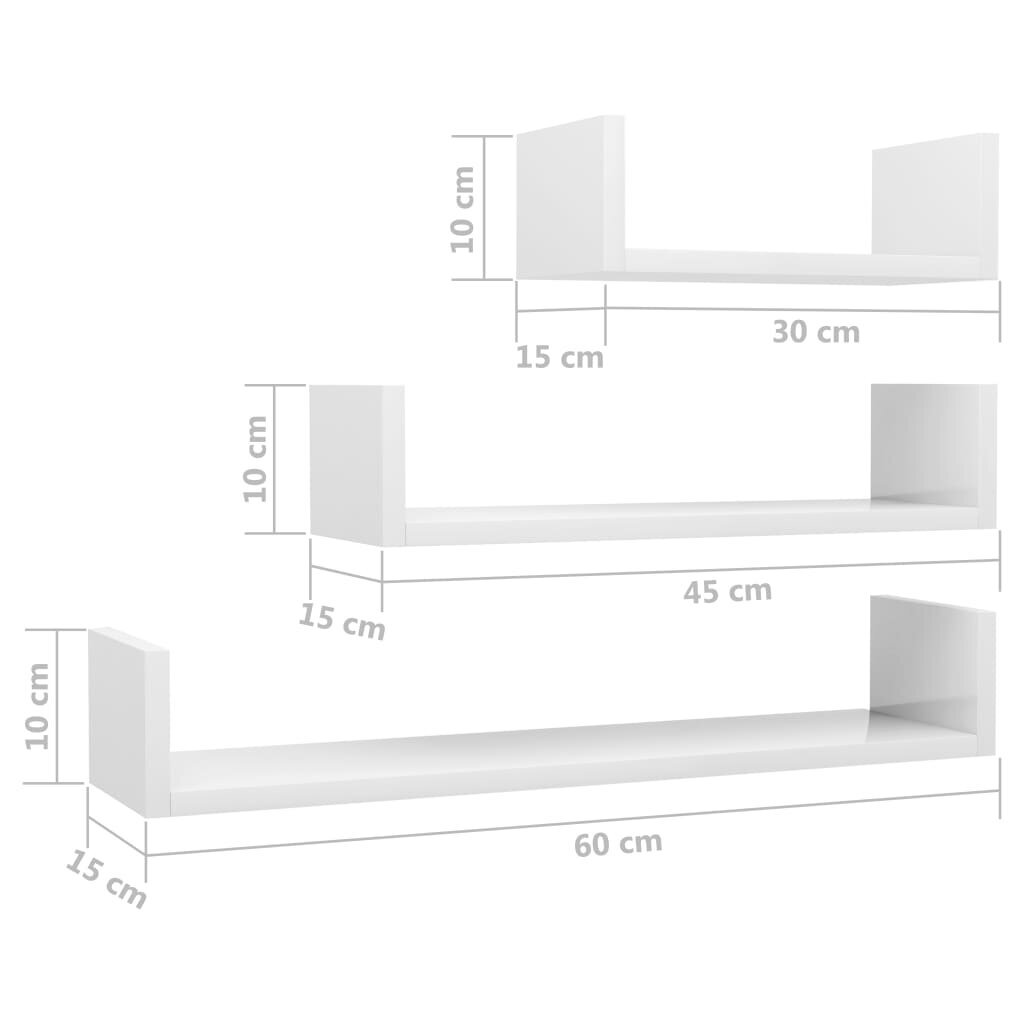 vidaXL Seinähyllyt 3 kpl korkeakiilto valkoinen lastulevy hinta ja tiedot | Hyllyt | hobbyhall.fi