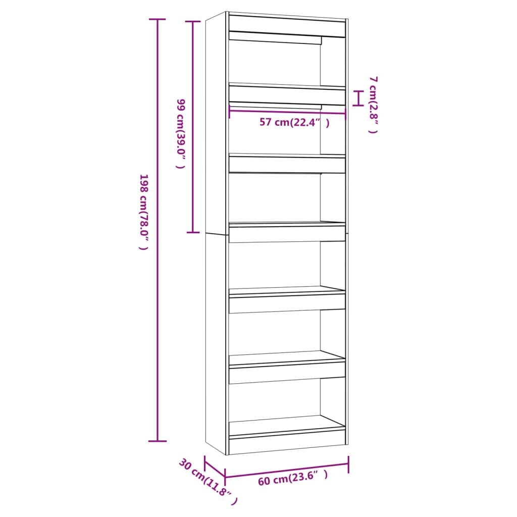 vidaXL Kirjahylly/tilanjakaja Sonoma-tammi 60x30x198 cm hinta ja tiedot | Hyllyt | hobbyhall.fi