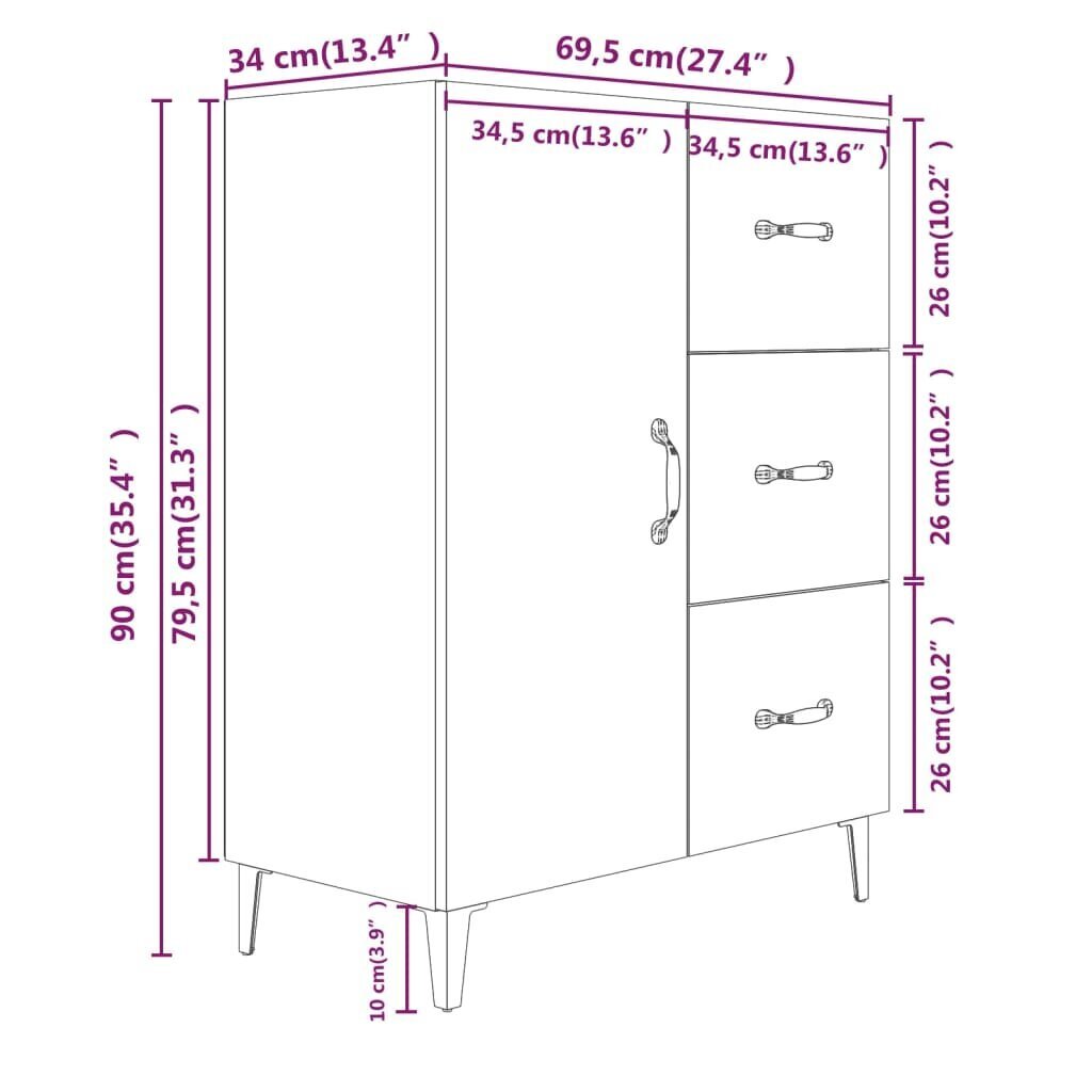 vidaXL Senkki harmaa Sonoma 69,5x34x90 cm tekninen puu hinta ja tiedot | Olohuoneen kaapit ja lipastot | hobbyhall.fi