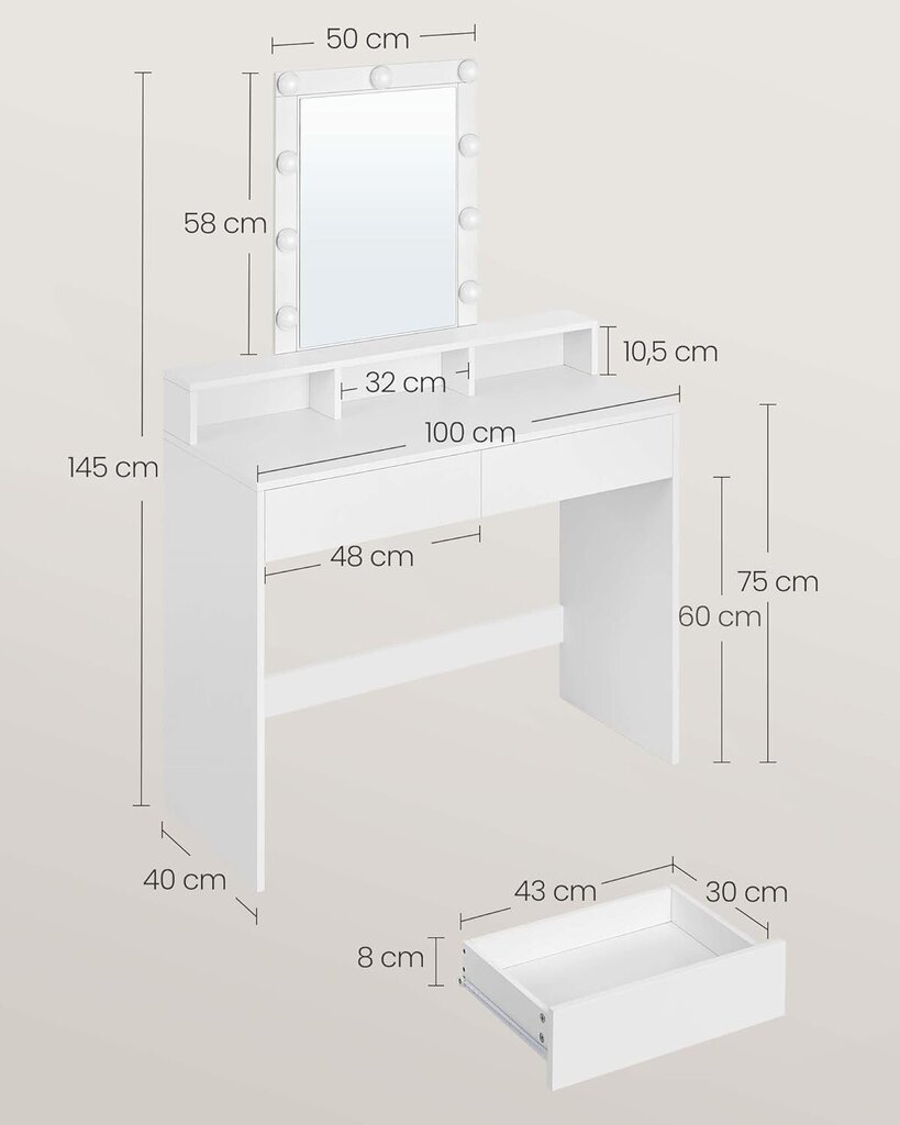 Peilipöytä Songmics, 40x100x140 cm, valkoinen hinta ja tiedot | Peilipöydät | hobbyhall.fi