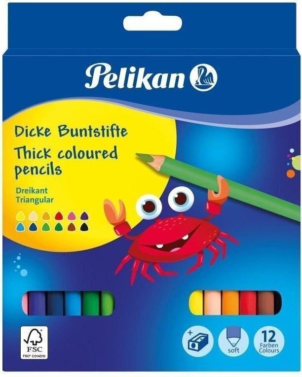 Pelikan Puuvärikynät, kolmikulmaiset, SOFT, paksu, 12 väriä + teroitin hinta ja tiedot | Kirjoitusvälineet | hobbyhall.fi