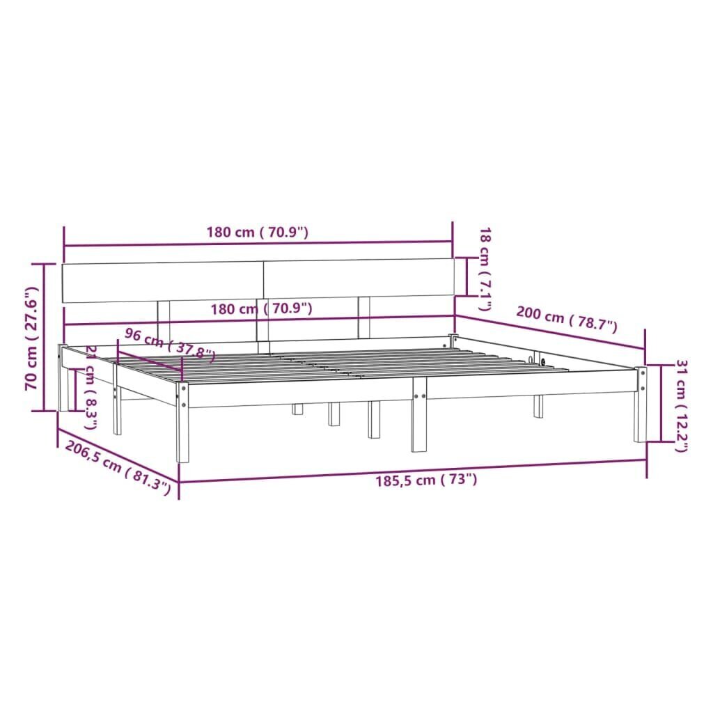 vidaXL Sängynrunko valkoinen täysi mänty 180x200 cm hinta ja tiedot | Sängyt | hobbyhall.fi