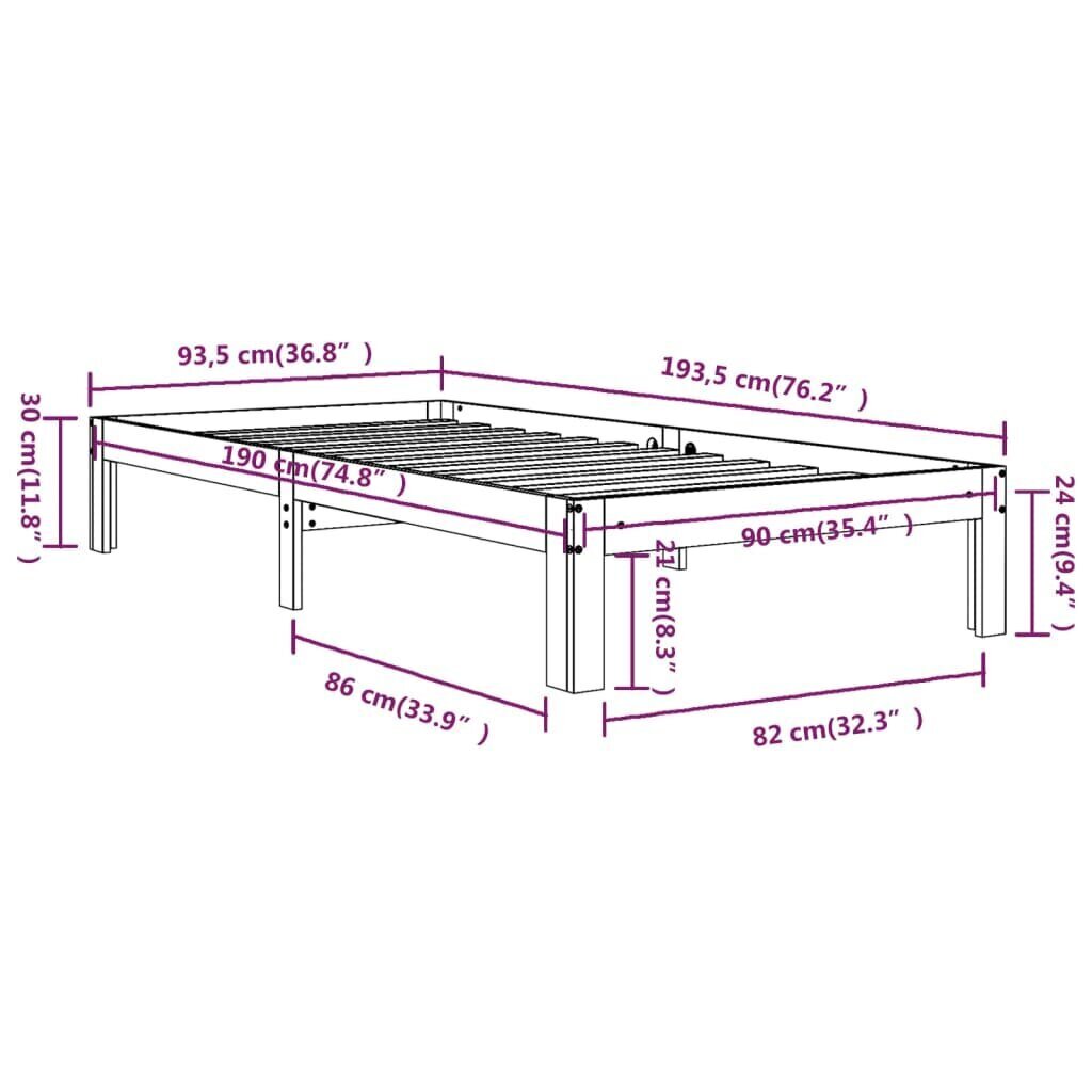 vidaXL Sängynrunko valkoinen täysi puu 90x190 cm 3FT hinta ja tiedot | Sängyt | hobbyhall.fi