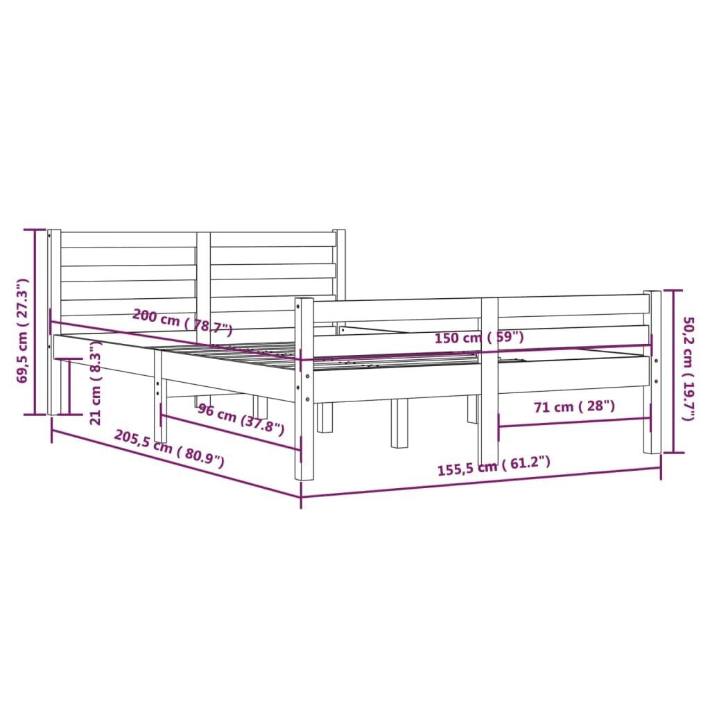 vidaXL Sängynrunko harmaa täysi puu 150x200 cm 5FT hinta ja tiedot | Sängyt | hobbyhall.fi