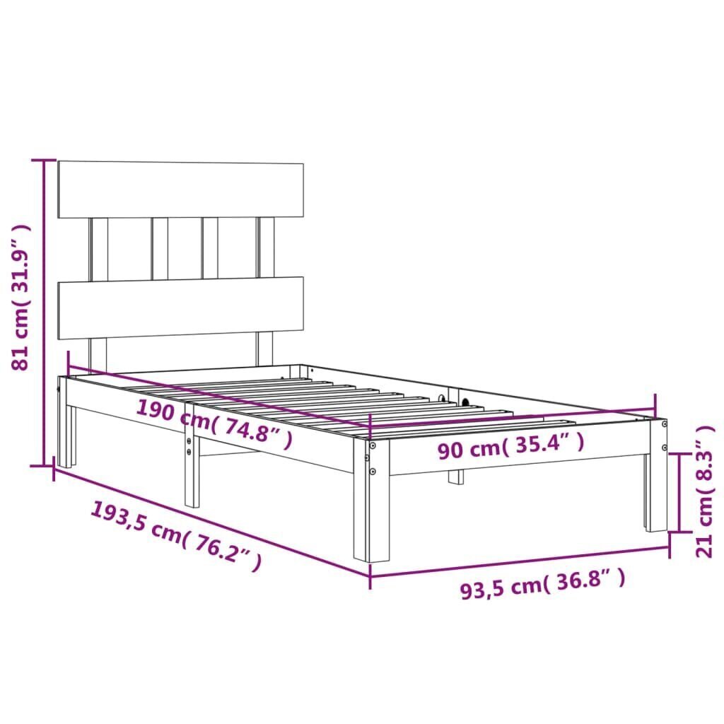 vidaXL Sängynrunko päädyllä valkoinen 3FT täysi puu hinta ja tiedot | Sängyt | hobbyhall.fi