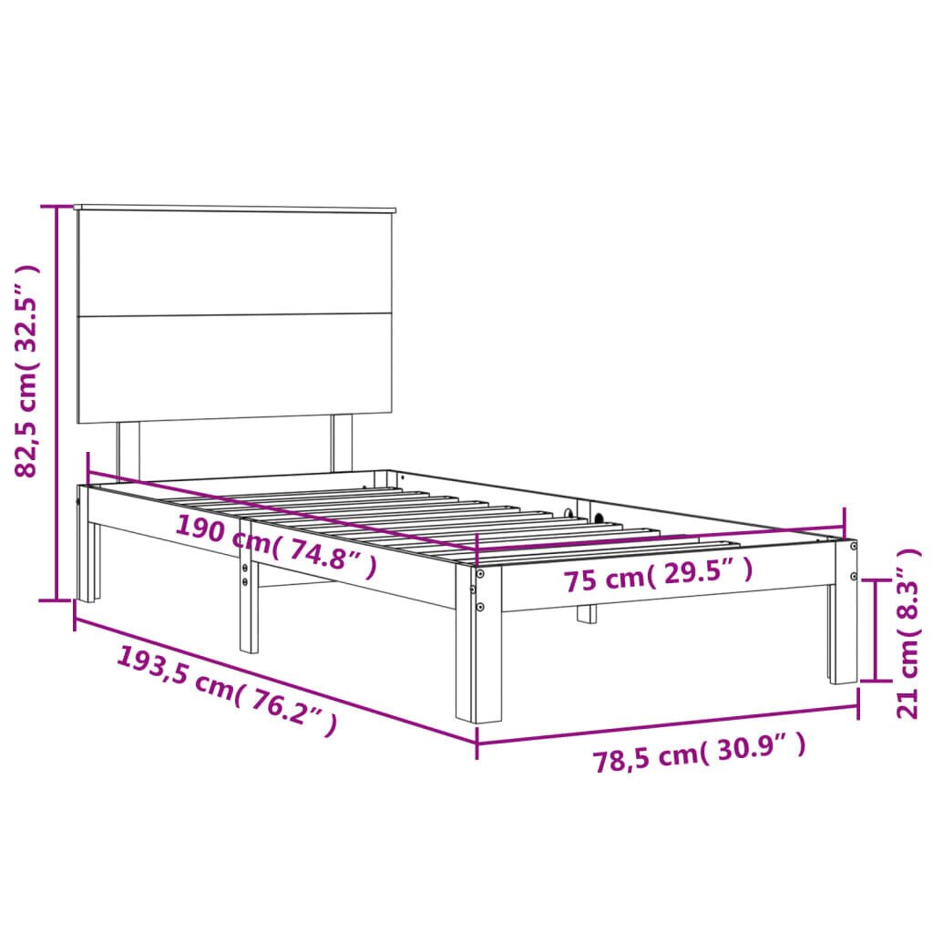 vidaXL Sängynrunko päädyllä 2FT6 täysi puu hinta ja tiedot | Sängyt | hobbyhall.fi