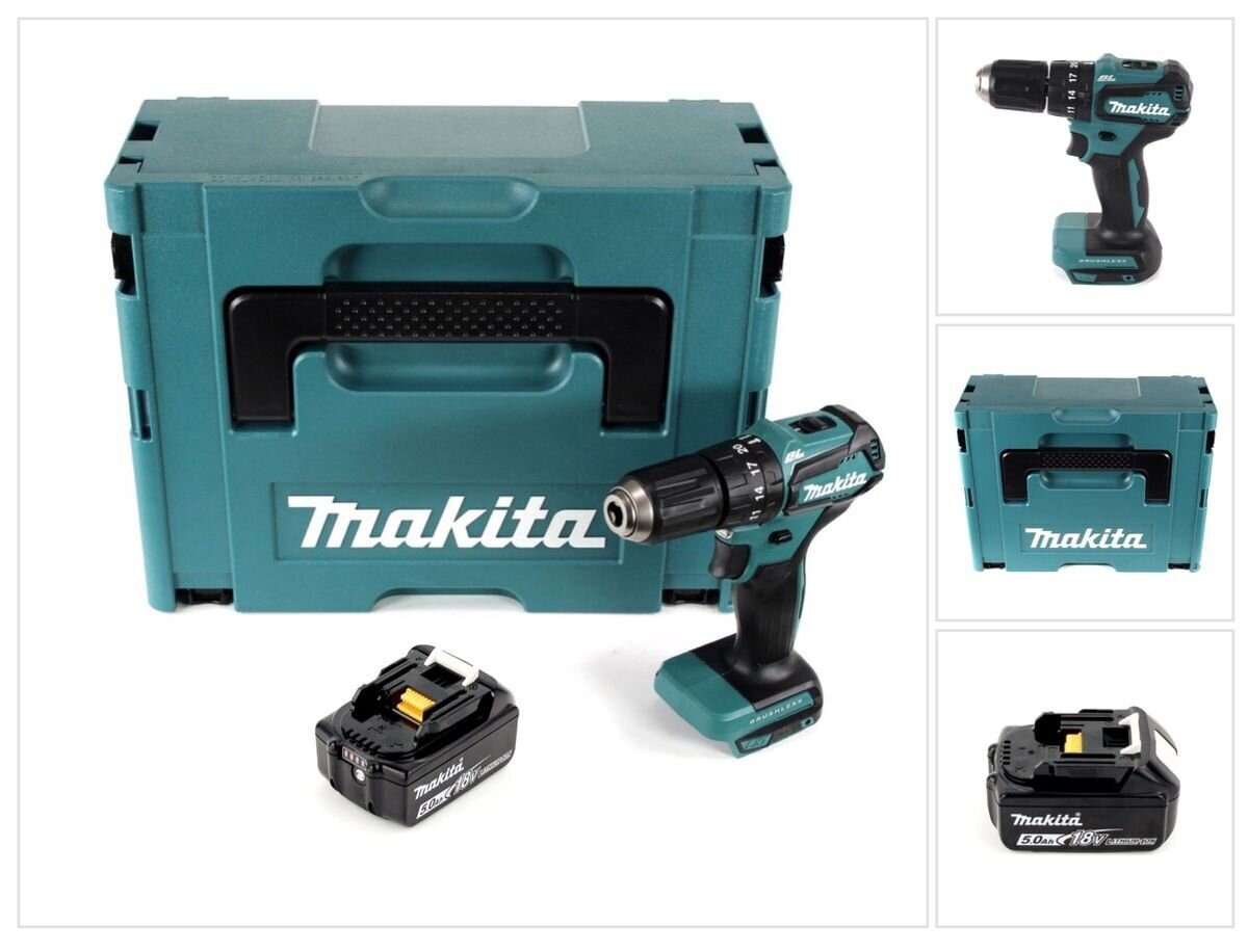 Makita DHP 483 T1J akkuiskuporakone 18 V 40 Nm + 1x akku 5,0 Ah + Makpac - ilman laturia hinta ja tiedot | Akkuporakoneet ja ruuvinvääntimet | hobbyhall.fi