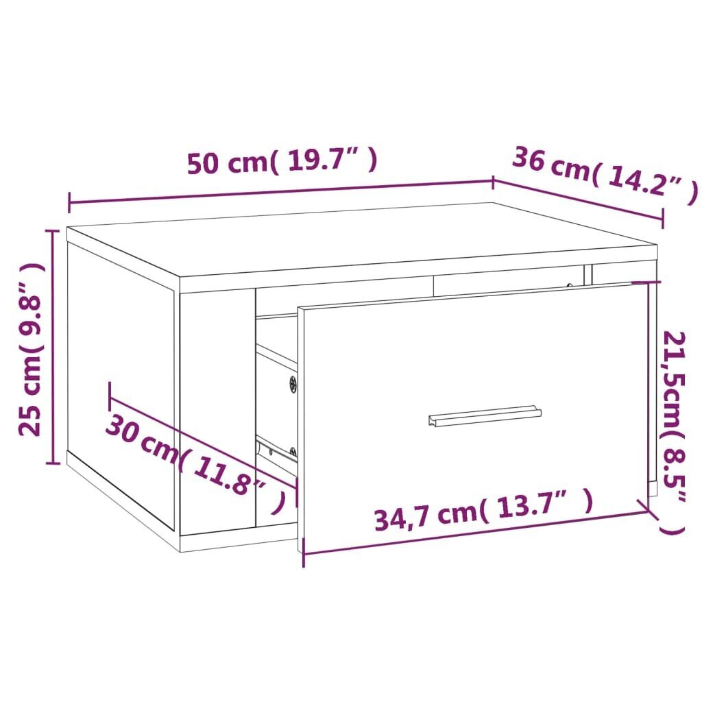 vidaXL Seinäkiinnitettävä yöpöytä korkeakiilto valkoinen 50x36x25 cm hinta ja tiedot | Yöpöydät | hobbyhall.fi