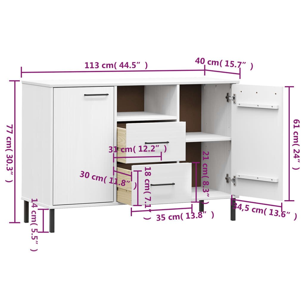 vidaXL Senkki metallijaloilla valkoinen 113x40x77 cm täyspuu OSLO hinta ja tiedot | Olohuoneen kaapit ja lipastot | hobbyhall.fi