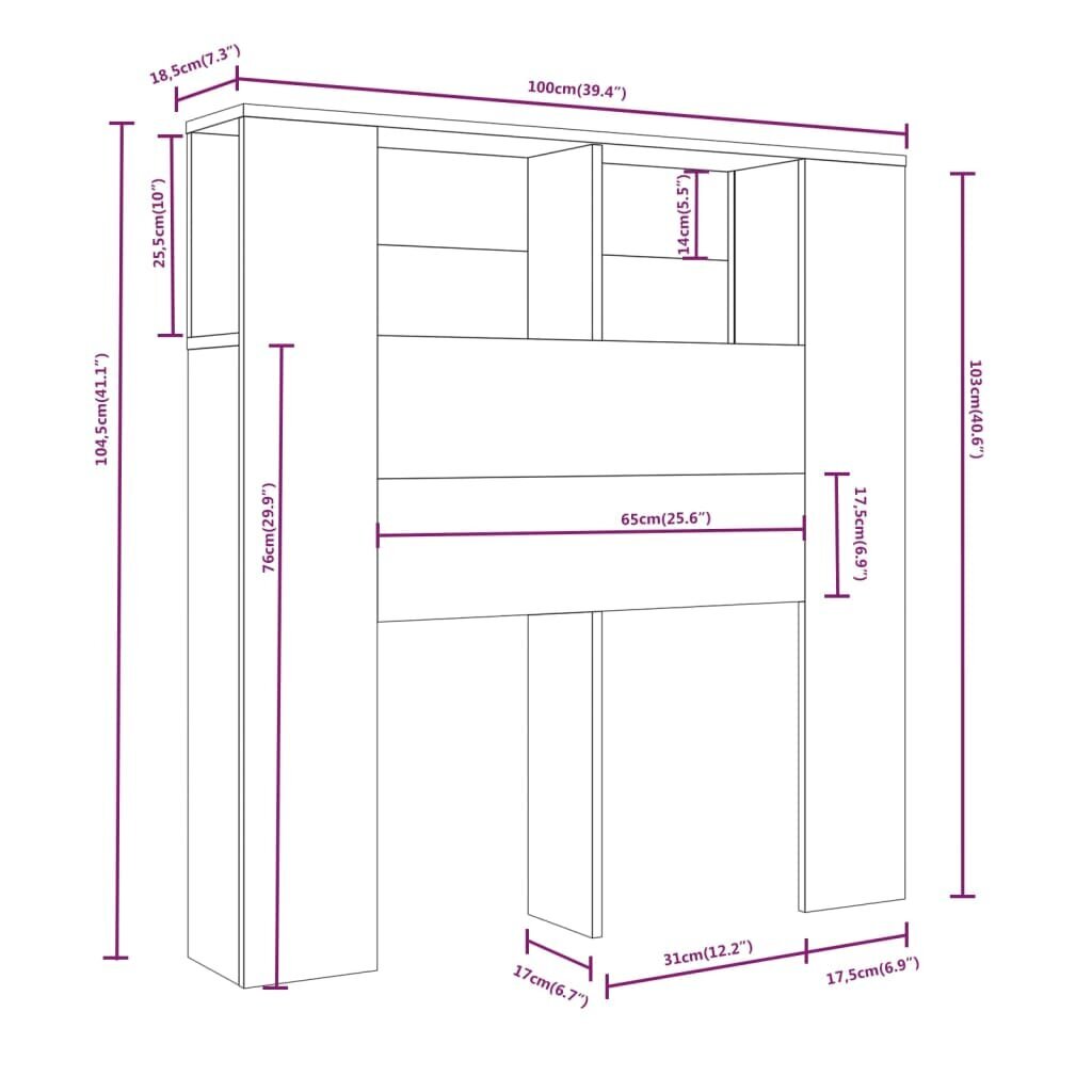 vidaXL Sängynpääty säilytystilalla Sonoma-tammi 100x18,5x104,5 cm hinta ja tiedot | Sängyt | hobbyhall.fi