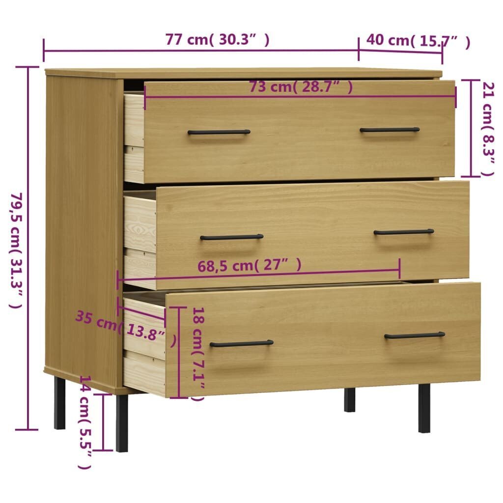 vidaXL Senkki 3 laatikolla ruskea 77x40x79,5 cm täyspuu OSLO hinta ja tiedot | Olohuoneen kaapit ja lipastot | hobbyhall.fi