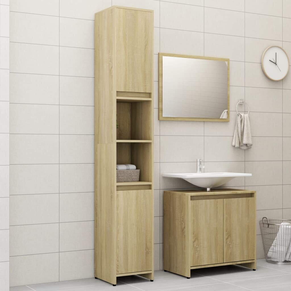vidaXL 3-osainen kylpyhuonekalustesarja tammi lastulevy hinta ja tiedot | Kylpyhuonekalusteet | hobbyhall.fi