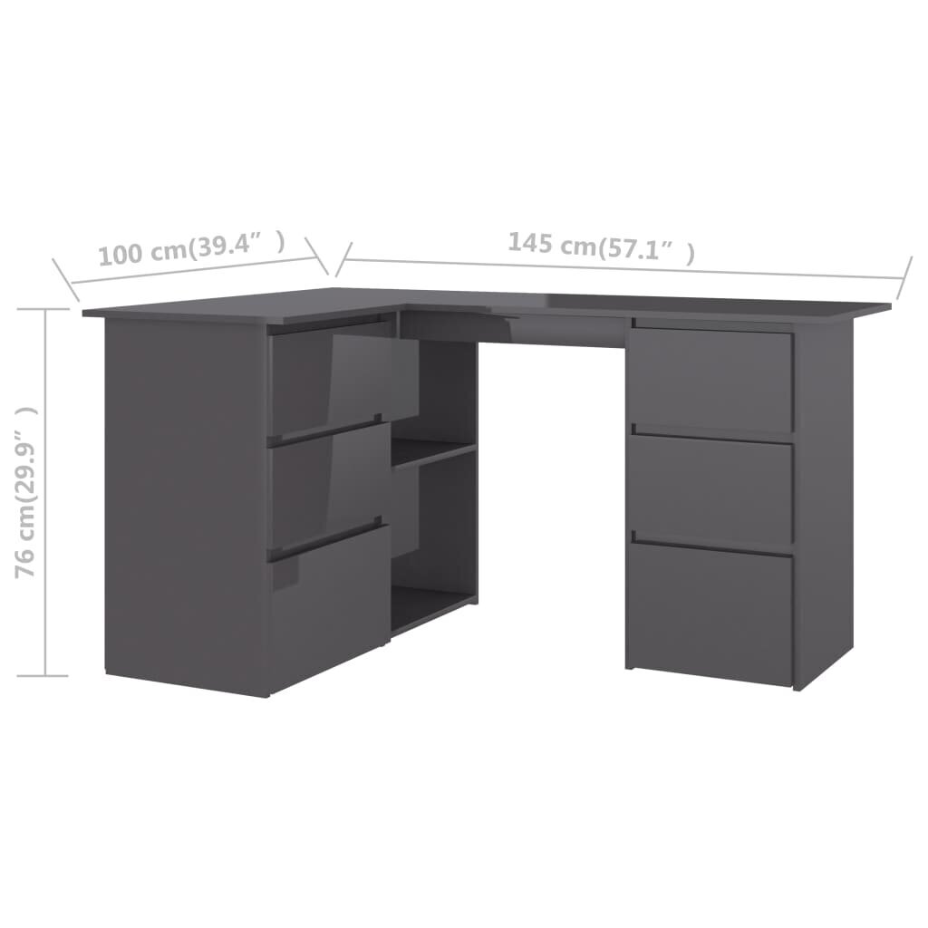 vidaXL Kulmapöytä korkeakiilto harmaa 145x100x76 cm lastulevy hinta ja tiedot | Tietokonepöydät ja työpöydät | hobbyhall.fi