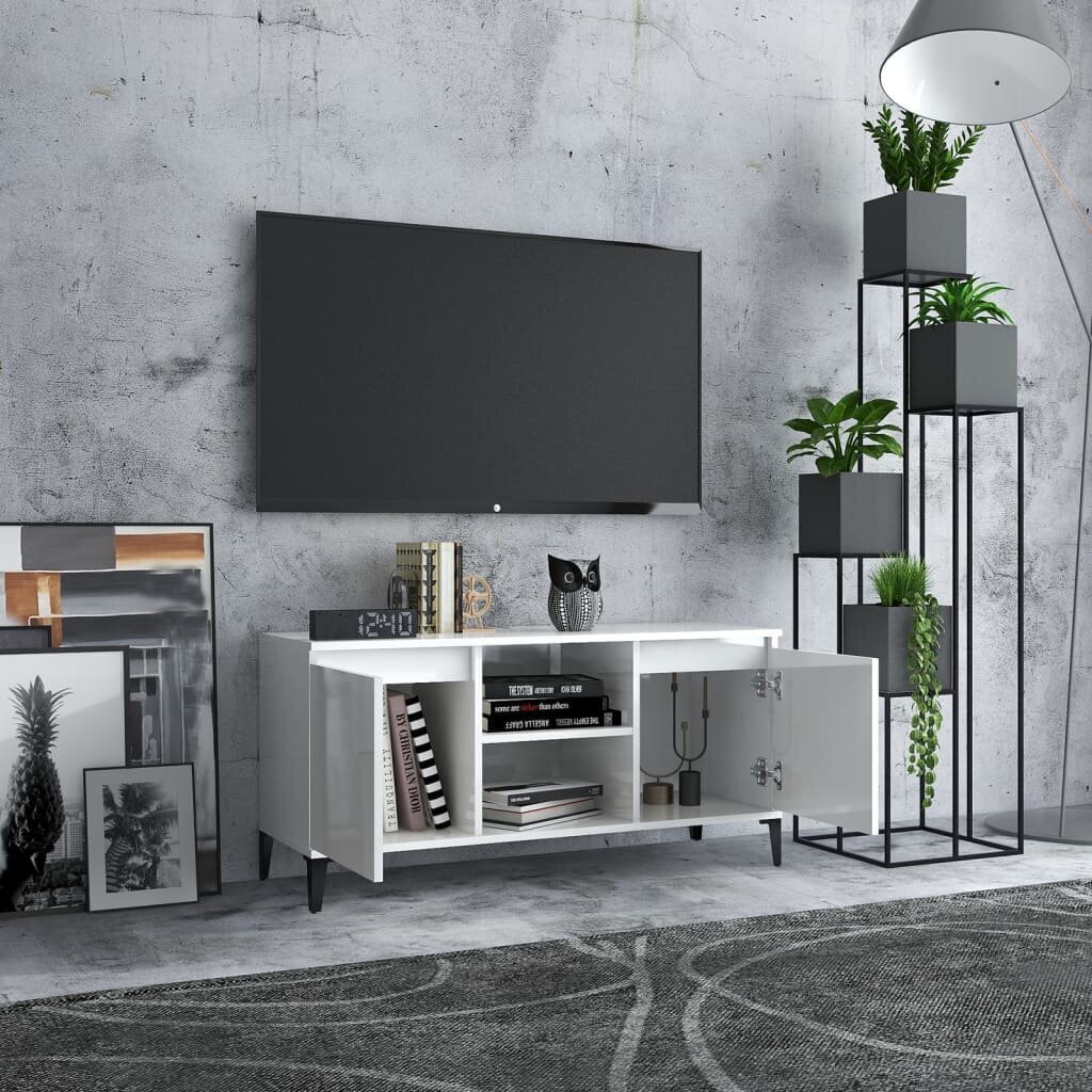 vidaXL TV-taso metallijaloilla korkeakiilto valkoinen 103,5x35x50 cm hinta ja tiedot | Olohuoneen kaapit ja lipastot | hobbyhall.fi